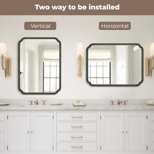 WallBeyond 28" x 40" Rounded Corner Arch Wall Mirror with Wood Frame for Entryway, Living Room or Bedroom Home Decor - Light Woodgrain [28 x 40 inches, Black]