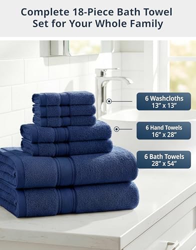 LANE LINEN Bath Towel Set Quick Dry 100% Cotton 18 Piece Soft - Navy