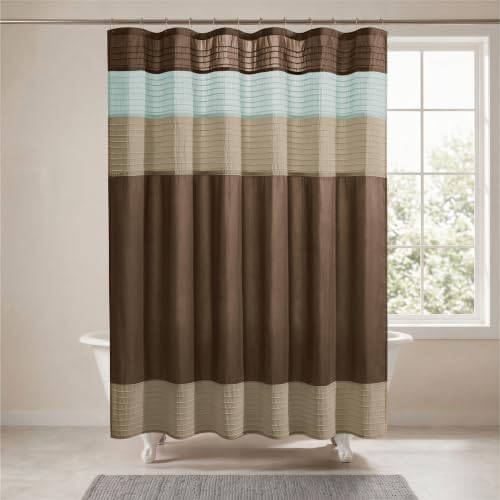 Madison Park Amherst Bathroom Shower Curtain Faux Silk Pieced Striped Modern Microfiber Bath Curtains, 72x72" Inches, Blue