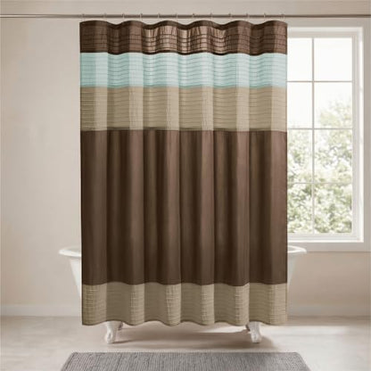 Madison Park Amherst Bathroom Shower Curtain Faux Silk Pieced Striped Modern Microfiber Bath Curtains, 72x72" Inches, Blue