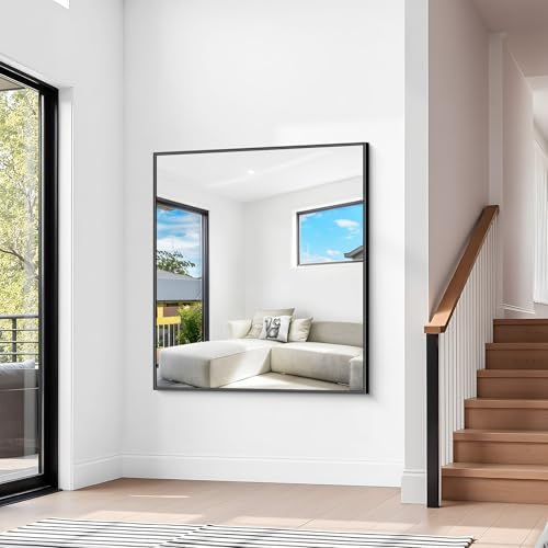 BONEWEI Bathroom Mirror,36x40 inch Wall Mirror for Bathroom Wall Mounted Black Rectangle Square Corner Mirrors, Black Bathroom Mirror for Living Room, Farmhouse, Bedroom Entryway, Horizontal/Vertical