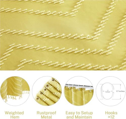 Yellow Boho Shower Curtain with White Tassel - 72 x 72 Modern Farmhouse Textured Tufted Chevron Striped Minimalist Bathroom Shower Curtain