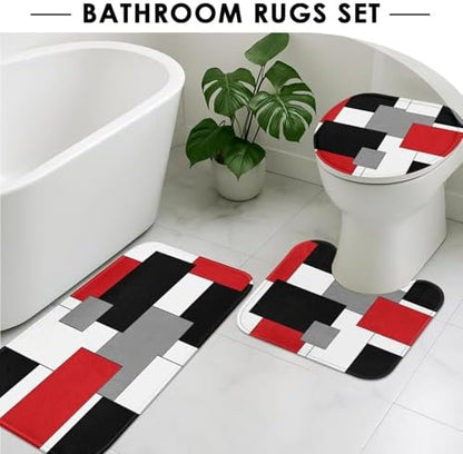 Bathroom Sets with Shower Curtain and Rugs, 4 Pcs, Red Geometric