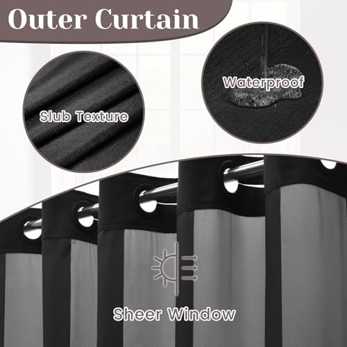 SORTTO No Hook Slub Shower Curtain with Liner, 36x74, Black