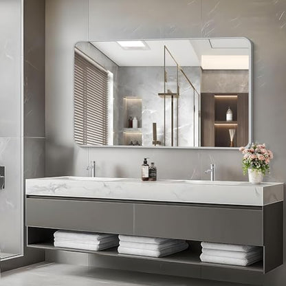 48x30 Inch Silver Bathroom Mirror, Metal Framed Silver Rectangle Mirrors, Rounded Rectangular Vanity Mirror, Wall Mounted Mirrors for Living Room Bedroom Entryway Hangs Horizontal or Vertical