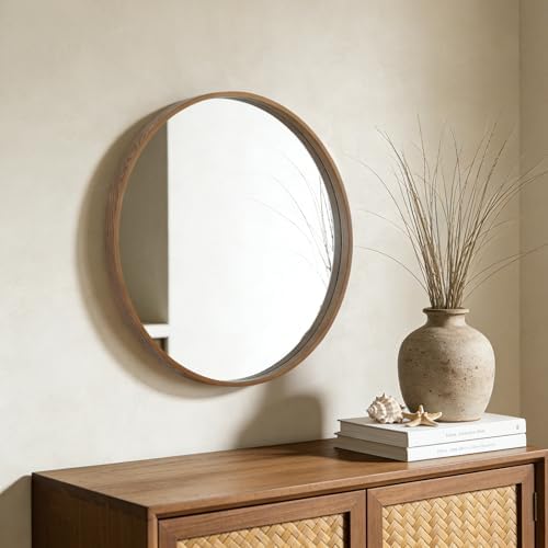 WallBeyond Wood Round Mirror with Wood Frame 24 inch Circle Wall Mirror for Bathroom Round Wall Mirror for Wall Decor, Vanity, Entryway Living Room (Walnut)
