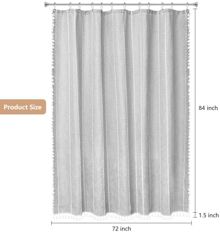 Seenus 72 x 84 inch Extra Long Boho Chic Shower Curtain Heavyweight with Tassels, Grey Linen Textured Fabric Farmhouse Shower Curtain, Elegant Gray & White Striped Bathroom Curtain Water Repellent