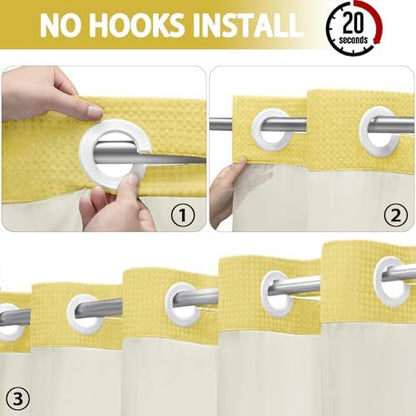 No Hook Shower Curtain with Liner Set Hotel Waffle Curtain Yellow 72W X 75L