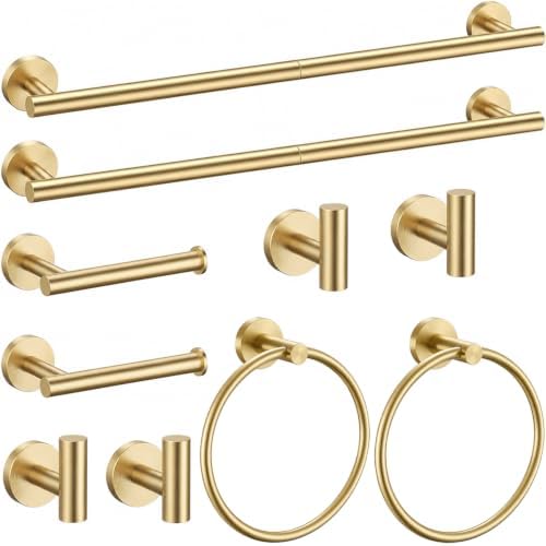 Brushed Gold Bathroom Accessories Set, 10 Pieces Gold Towel Bar Bathroom Hardware Set, 24 Inch Towel Racks for Bathroom, SUS304 Stainless Steel Bathroom Towel Holder Toilet Paper Holder Wall Mounted