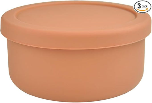 24 fl oz Silicone Food Storage Container with Lid, Round Portable Airtight Salad Bowl, Reusable Meal Prep Bowl for Soup Stew Leftovers, Microwave Fridge Dishwasher Safe, BPA Free (Brown 3 Pack）