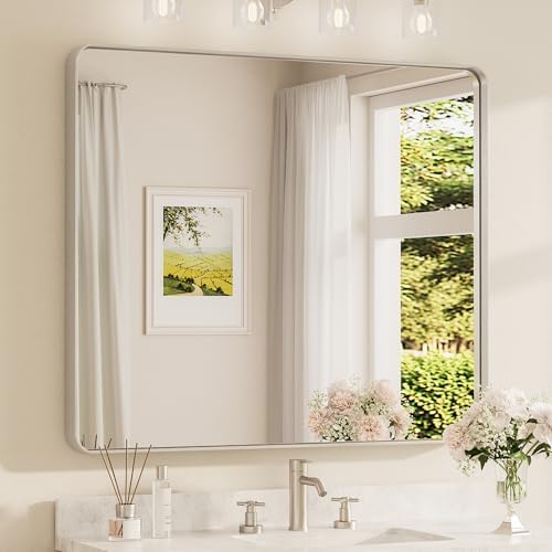 TETOTE Brushed Nickel Bathroom Mirror 42 x 36 Inch for Vanity Metal Framed Mirror Modern Farmhouse for Living Room Entryway(Horizontal/Vertical)