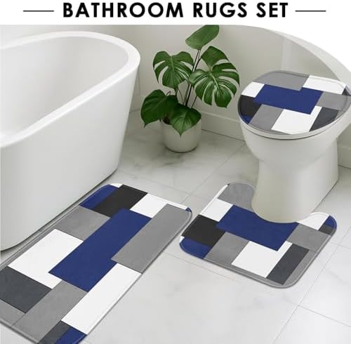 Bathroom Sets with Shower Curtain and Rugs, 4 Pcs, Geometric Navy
