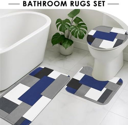 Bathroom Sets with Shower Curtain and Rugs, 4 Pcs, Geometric Navy