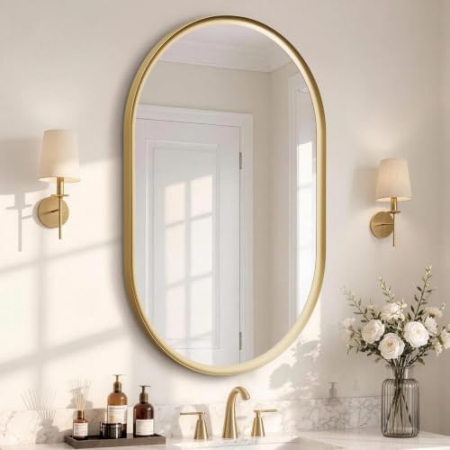 USHOWER Brushed Gold Pill Oval Mirror for Bathroom 24x36 Inch