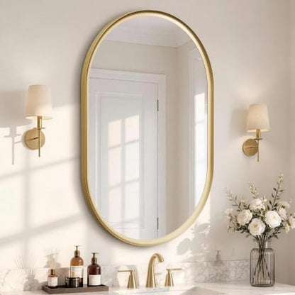 USHOWER Brushed Gold Pill Oval Mirror for Bathroom 24x36 Inch