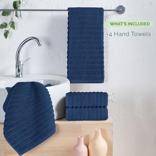 Elegant Comfort Luxury 100% Turkish Cotton Corduroy Ribbed 4 Pack Hand Towel Set 16 x 28 Inch - Absorbent, Super Soft, Quick Dry, Premium Towels for Bathroom, Gym, Spa and Hotel Use, Navy