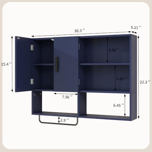 Bathroom Wall Cabinet, Medicine Cabinet with 2 Doors, Blue