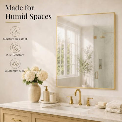 30"x36" Brushed Gold Framed Rectangle Bathroom Vanity Wall Mirror