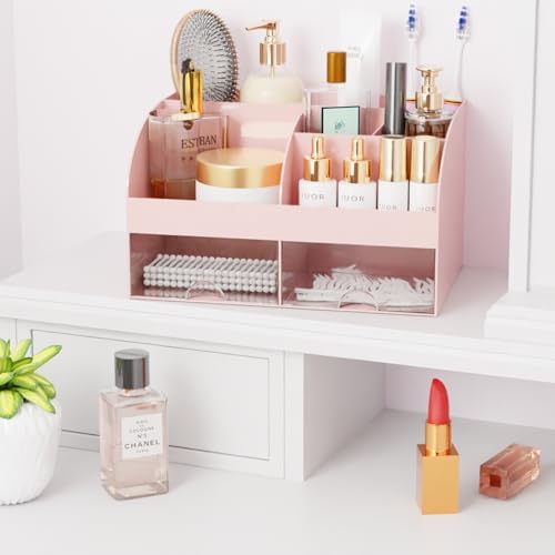 Makeup Organizer with Drawers, Cosmetic Storage for Dresser Vanity and Bathroom Countertop, Beauty Holder for Lipstick Brush, Skincare Organizer for Vanity, Cosmetic Display Case (Pink-2Pack)