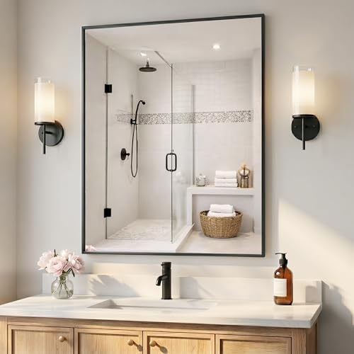 30"x36" Matte Black Framed Rectangle Bathroom Vanity Wall Mirror