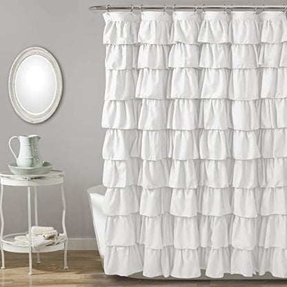 Lush Decor Ruffle Shower Curtain | Floral Textured Vintage Chic Farmhouse Style Design, White, 72" x 72"