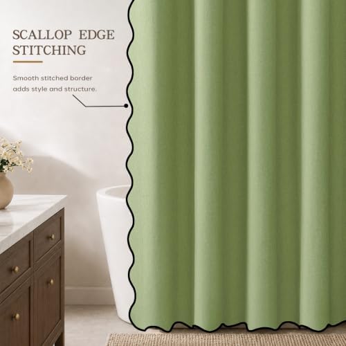 Furlinic Scalloped Linen No Hook Shower Curtain Sage Green Waterproof 72x75