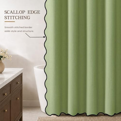 Furlinic No Hook Shower Curtain 72x78 Scalloped Linen Waterproof Sage Green