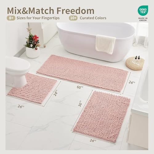 Bathroom Rugs Non Slip Washable 44x24, Extra Thick Soft Chenille Absorbent Bath Mat, High Density Barrier Non Slip Backing, Quick Dry Plush Shaggy Floor Carpet for Tub&Shower, Pink