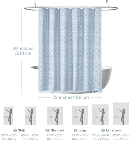 Siiluminisoy Extra Long Fog Blue Boho Shower Curtain - Woven Fabric, 72 x 84 Tufted Chevron Textured Striped Modern Farmhouse Minimalist Cloth Shower Curtain for Bathroom
