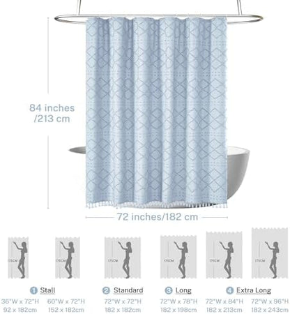 Siiluminisoy Extra Long Fog Blue Boho Shower Curtain - Woven Fabric, 72 x 84 Tufted Chevron Textured Striped Modern Farmhouse Minimalist Cloth Shower Curtain for Bathroom