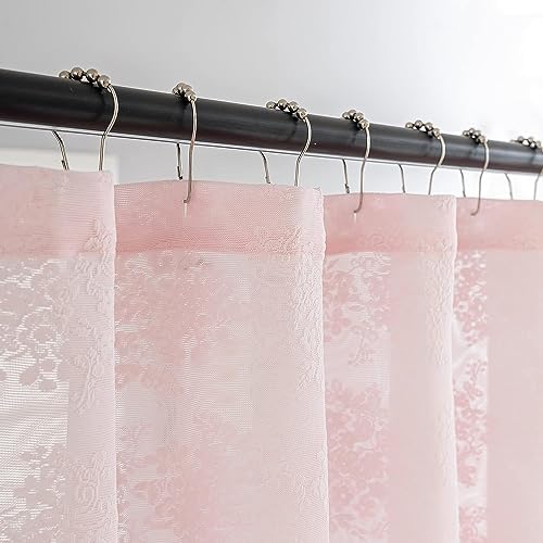 TUDECO Pink Lace Shower Curtain with Attached Valance, 72W x 84L Inch