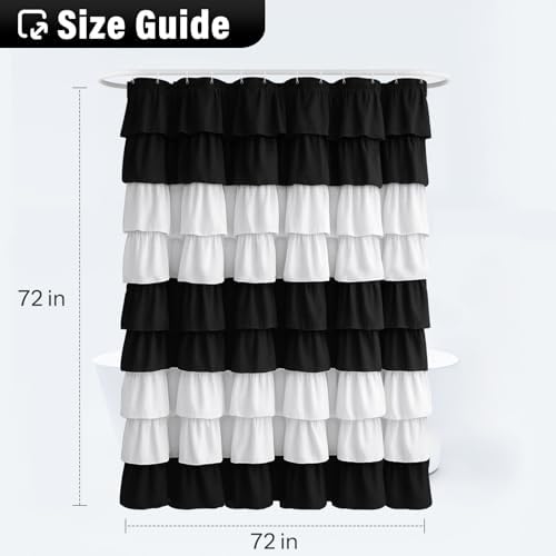 Seasonwood Ruffle Shower Curtain Black and White Shower Curtain, 72" x 72"