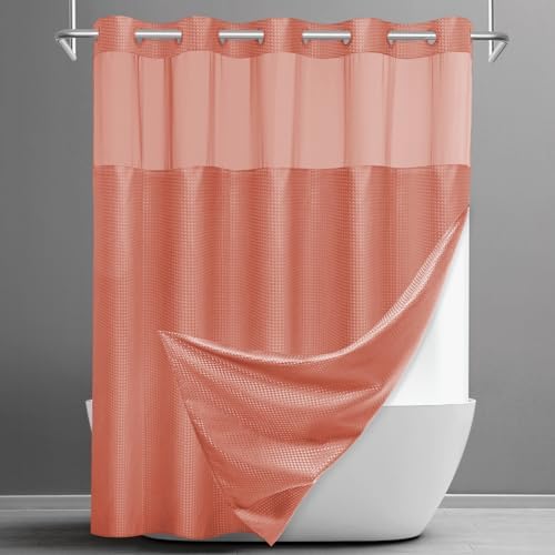 SORTTO No Hook Waffle Shower Curtain with Snap in Liner Set, 71x74, Coral