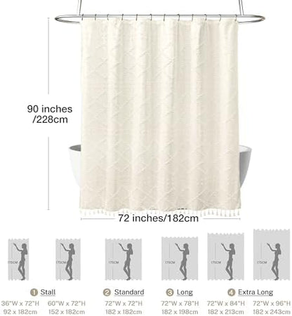 Siiluminisoy Extra Long Cream Boho Shower Curtain Woven Fabric Cute 90 Inch Shower Curtain, 72 x 90 Tufted Chevron Textured Striped Modern Farmhouse Minimalist Cloth Shower Curtain for Bathroom