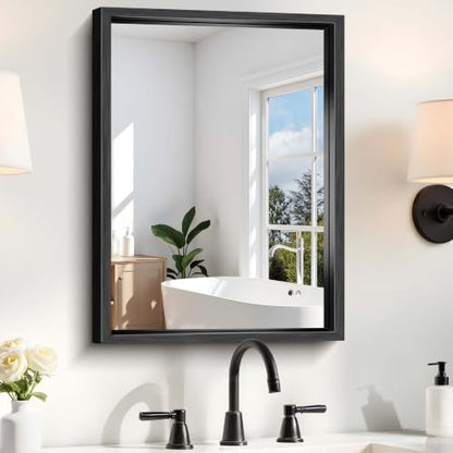 Bathroom Mirror, 18 x 24 inch Brushed Black Metal Frame Rectangular Vanity Mirror, Wall Mounted Rectangle Mirror for Bedroom Living Room, Tempered Glass, Antirust, Horizontally or Vertically