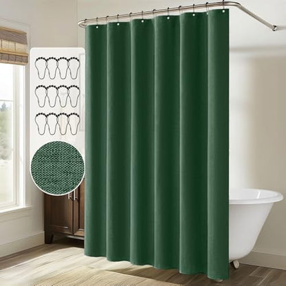 MIULEE Linen Fabric Shower Curtain Dark Green W72*L72 12 Metal Hooks