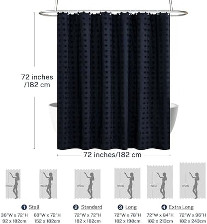 Siiluminisoy Boho Navy Blue Shower Curtain Woven Fabric Shower Curtain, 72 x 72 Tufted Pleat Floral Puffs Textured Modern Minimalist Shower Curtain Set with Hooks for Bathroom