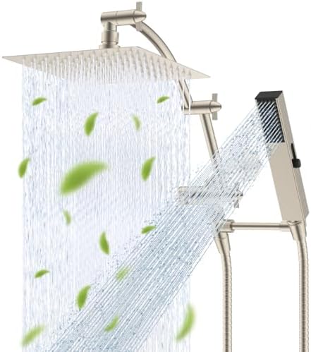 Hibbent All Metal CUPC Certified 8'' Rainfall Shower Head, Dual Shower Head Combo, High Pressure Handheld 4 Sprays Shower Wand, 16'' Adjustable Extension Arm, 71'' Hose, Shower Holder, Brushed Nickel