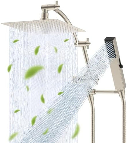 Hibbent All Metal CUPC Certified 8'' Rainfall Shower Head, Dual Shower Head Combo, High Pressure Handheld 4 Sprays Shower Wand, 16'' Adjustable Extension Arm, 71'' Hose, Shower Holder, Brushed Nickel