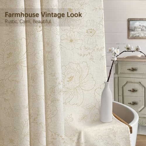 Farmhouse Floral Vintage Shower Curtain for Bathroom, Beige Embroidered