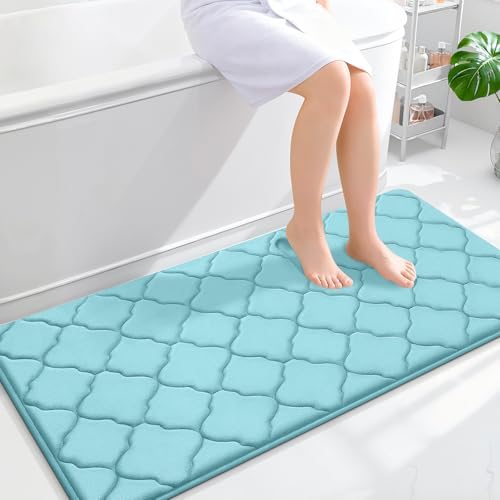 OLANLY Memory Foam Bath Mat Rug 47x24, Ultra Soft Bathroom Rugs, Sky Blue