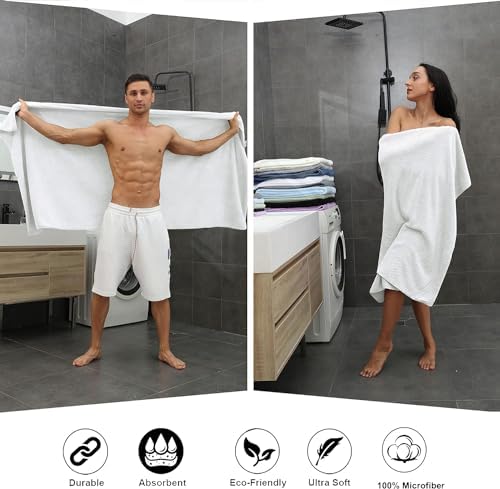 Smuge 8pcs Bath Towel Set, 2 Extra Large Bath Towel Sheets, 2 Hand Towels and 4 Washcloths- Highly Absorbent Microfiber,Ultra Soft Towel Set for Bathroom,Waffle Weave Design, Pack of 8 (White)