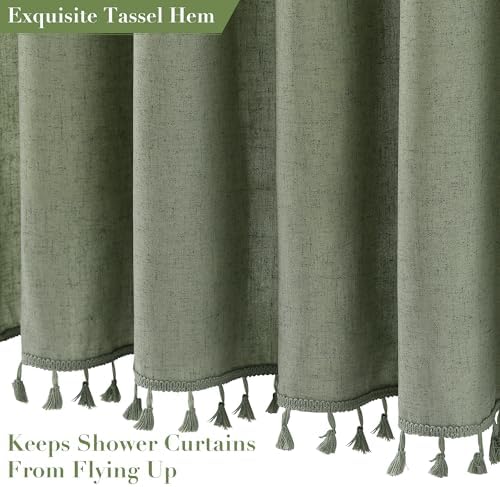 Nanspring Stall Sage Green Boho Linen Shower Curtain 42 Inches Long Weighted Tassel Stall Shower Curtain Set with Hooks Modern Vintage Country Bath Curtain for RV Camper Small Bathroom 42x72, Green