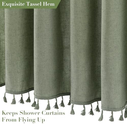 Nanspring Stall Sage Green Boho Linen Shower Curtain 42 Inches Long Weighted Tassel Stall Shower Curtain Set with Hooks Modern Vintage Country Bath Curtain for RV Camper Small Bathroom 42x72, Green