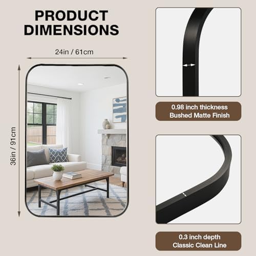 24"x36" Matte Black Rectangle Vanity Bathroom Mirror, Set of 2
