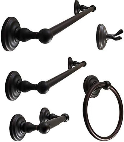 SENTO ROBIKI Bathroom Accessories Set, Bath Hardware, Includes Robe Hook, Toilet Paper Holder, Towel Ring, 18” & 24” Towel Bar, Duty Metal Bath Hardware Set Wall Mounted (5-Piece, Oil-Rubbed Bronze)