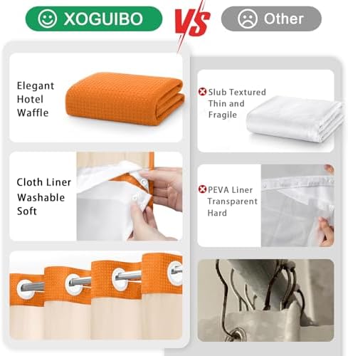 No Hook Shower Curtain with Liner Set Hotel Waffle Curtain Orange 72W X 75L