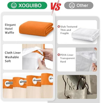 No Hook Shower Curtain with Liner Set Hotel Waffle Curtain Orange 72W X 75L