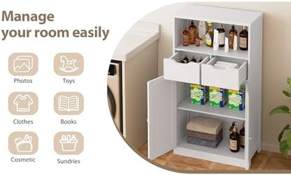Walsunny Floor Storage Cabinet, Organizer with Doors and Drawers, Freestanding Side Cupboard Pantry with Adjustable Shelf for Bathroom/Living Room, White