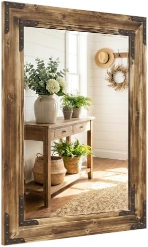 Rustic Brown 24x36 Inch Wood Bathroom Vanity Mirror, Rivets
